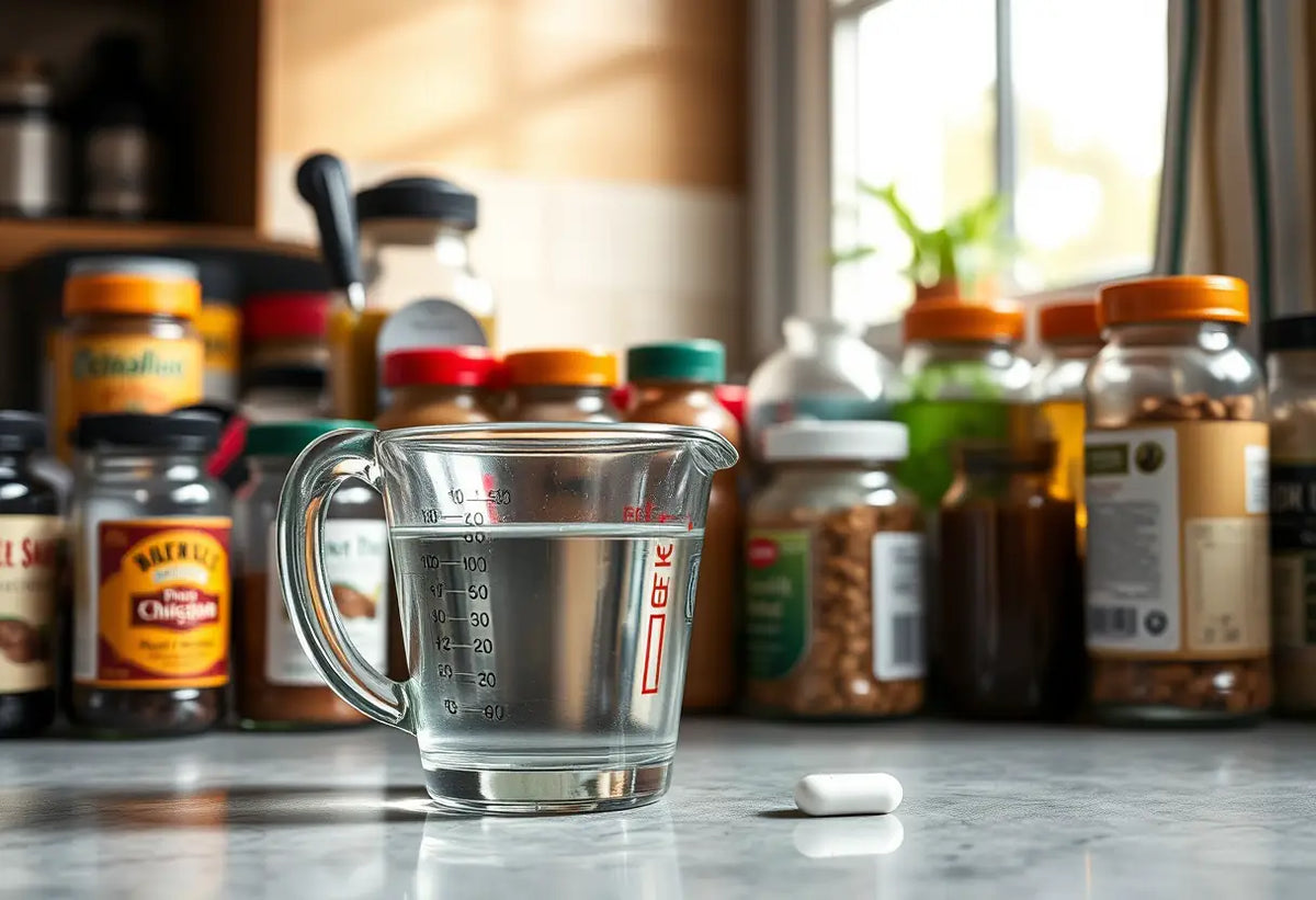 Un plan de travail de cuisine avec épices et une bouteille de comprimés.