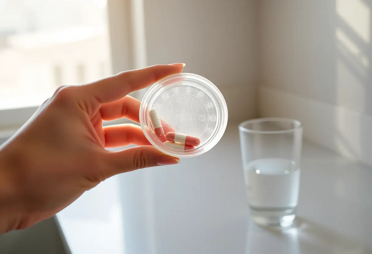 Une main féminine tenant un contenant circulaire pour cachets en plastique
