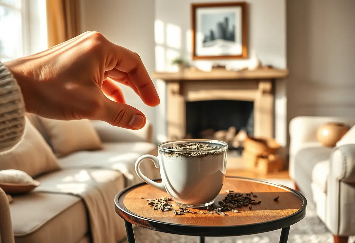 Une main saisit une tasse contenant des feuilles de thé, dans un salon accueillant, lumière naturelle