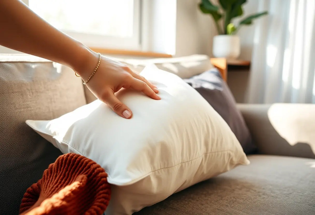 Une main posée sur un coussin douillet dans un salon accueillant, après l'accouchement