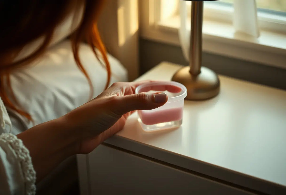 Main container de préservatif féminin posé sur une table de nuit