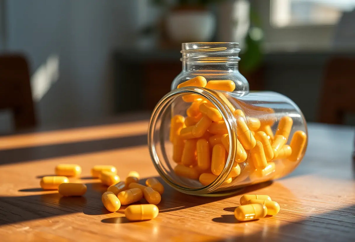 Bouteille de capsules probiotiques sur une table en bois