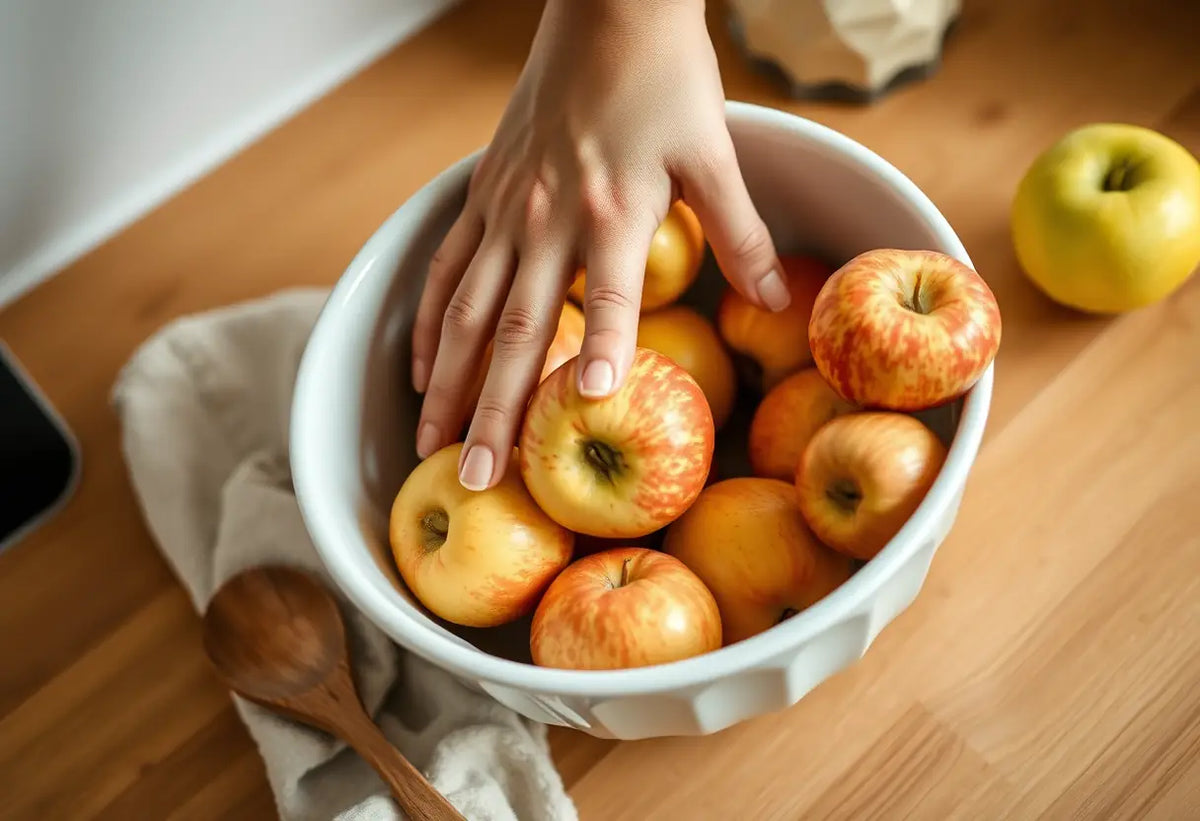 Une main plonge dans un bol en céramique blanc rempli de pommes fraîches et biologiques sur un comptoir cuisine, symbole de choix sains