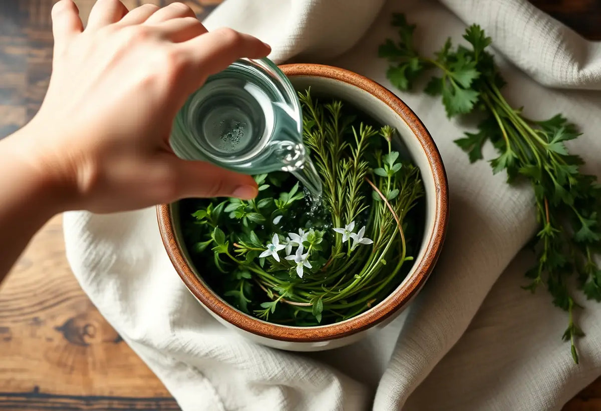 Une main verse de l'eau sur des herbes fraîches dans un bol céramique, illustrant la nécessité de soins pour une flore intime équilibrée.