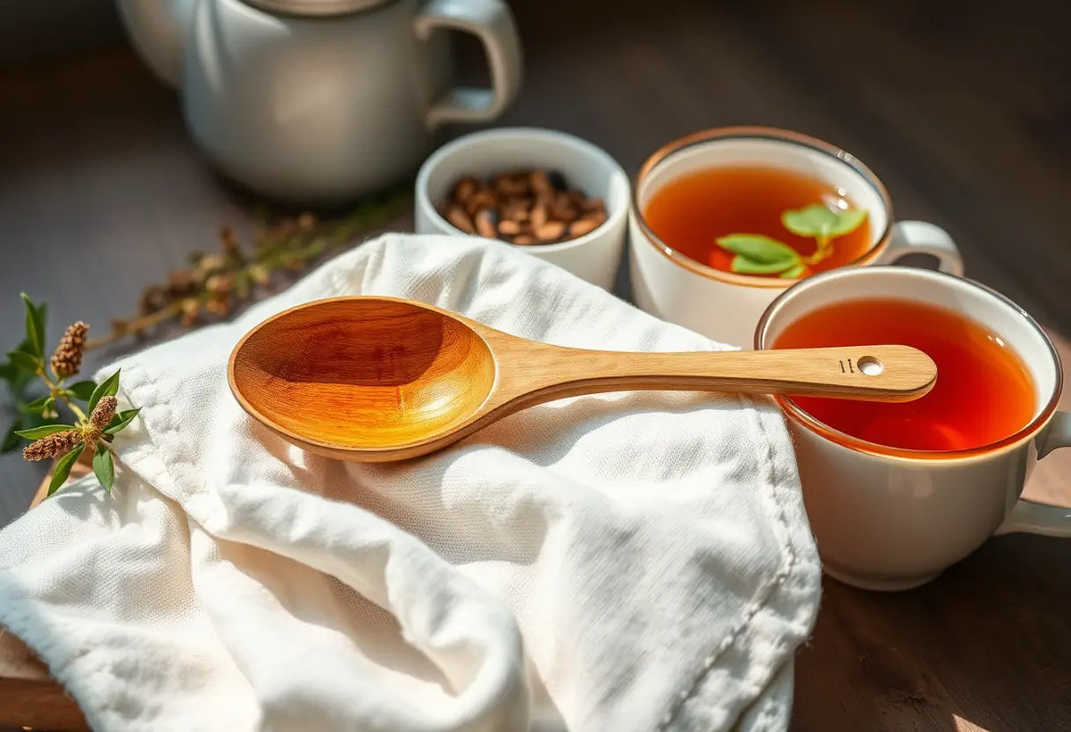 Une cuillère en bois posée sur un linge blanc, avec en arrière-plan des tisanes dans des tasses, représentant les remèdes naturels pour la ménopause