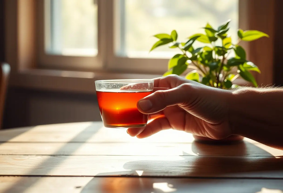 Une main tenant une tasse de thé herbeux sur une table, avec une plante en pot