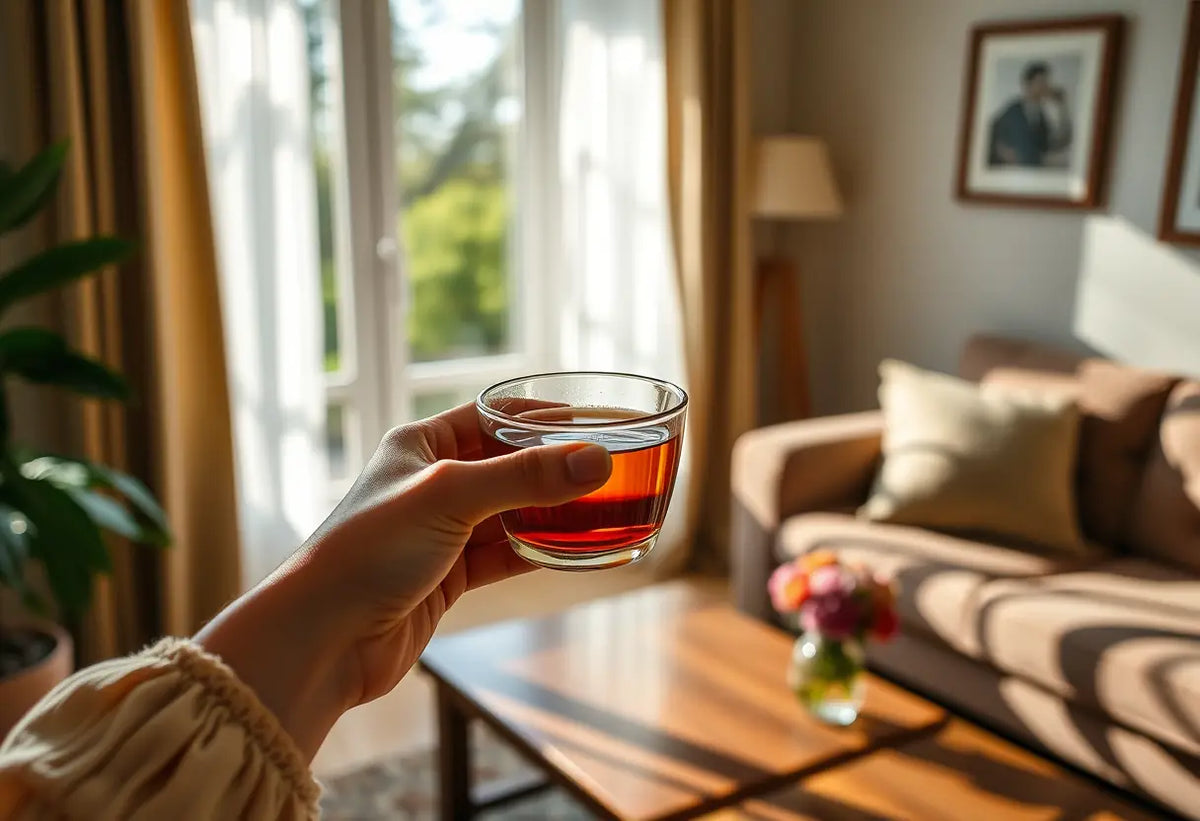 Une main féminine tenant une tasse de thé aromatisé dans un salon accueillant, éclairée par la lumière du soleil.