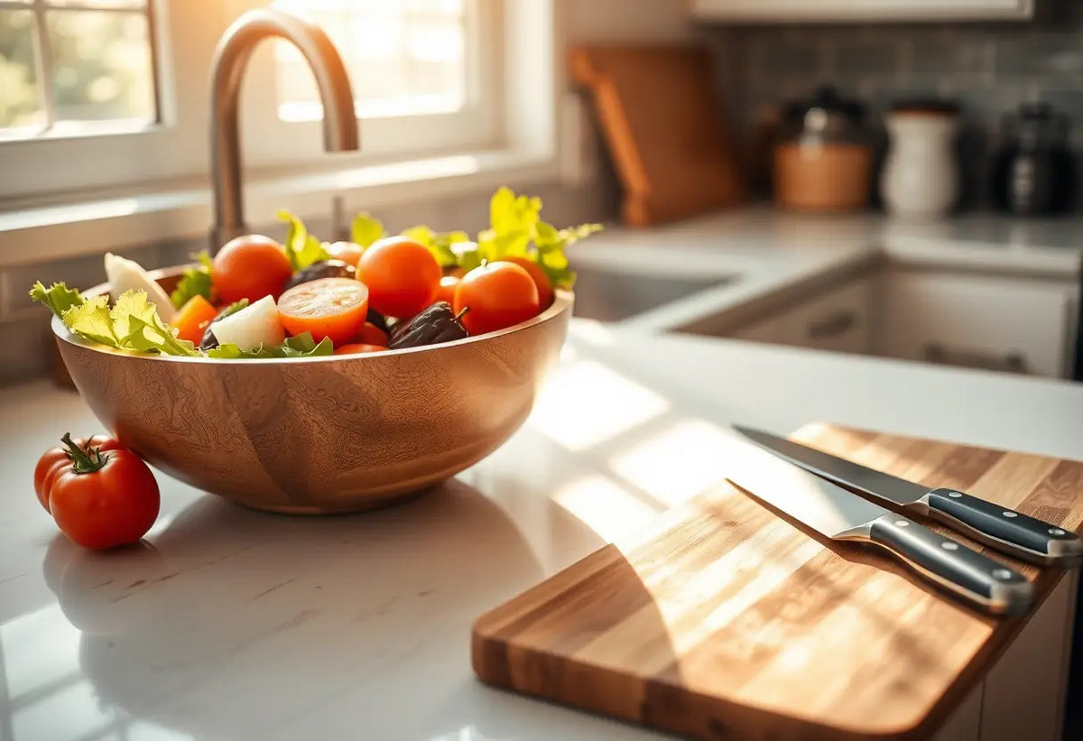 Un plan de travail de cuisine avec des légumes frais dans un bol en bois, un couteau posé près d'eux