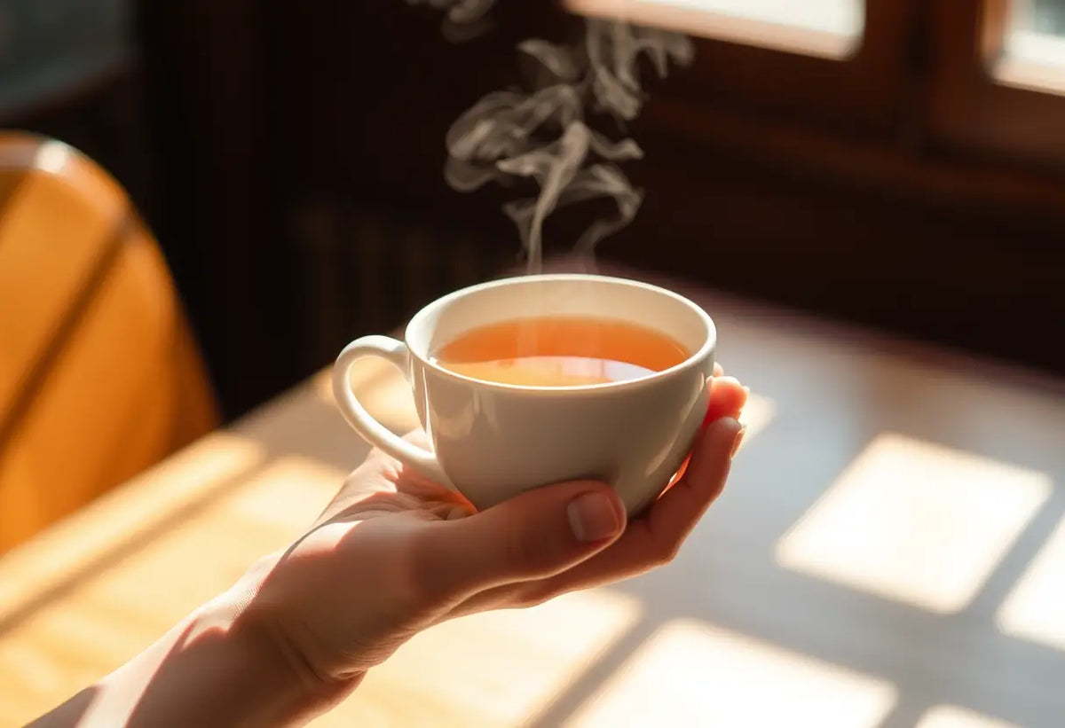 Une main tenant une tasse de thé parfumé, éclairée naturellement.