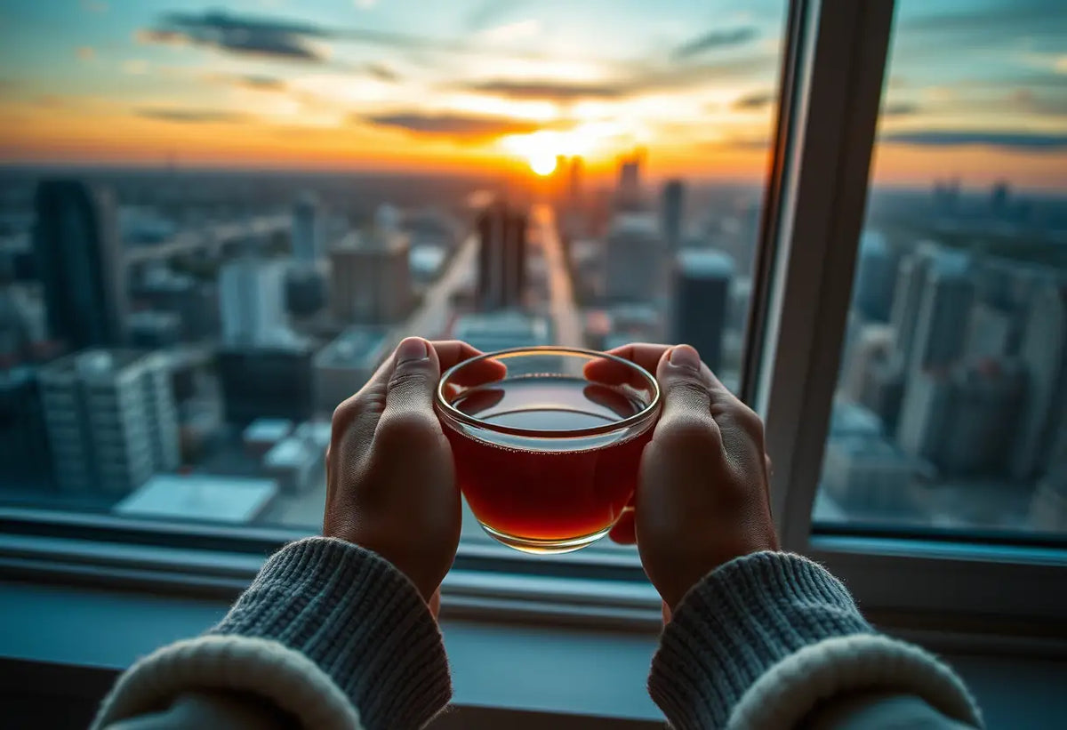 Deux mains tenant une tasse de thé sur un rebord de fenêtre, montrant la paix après un conflit