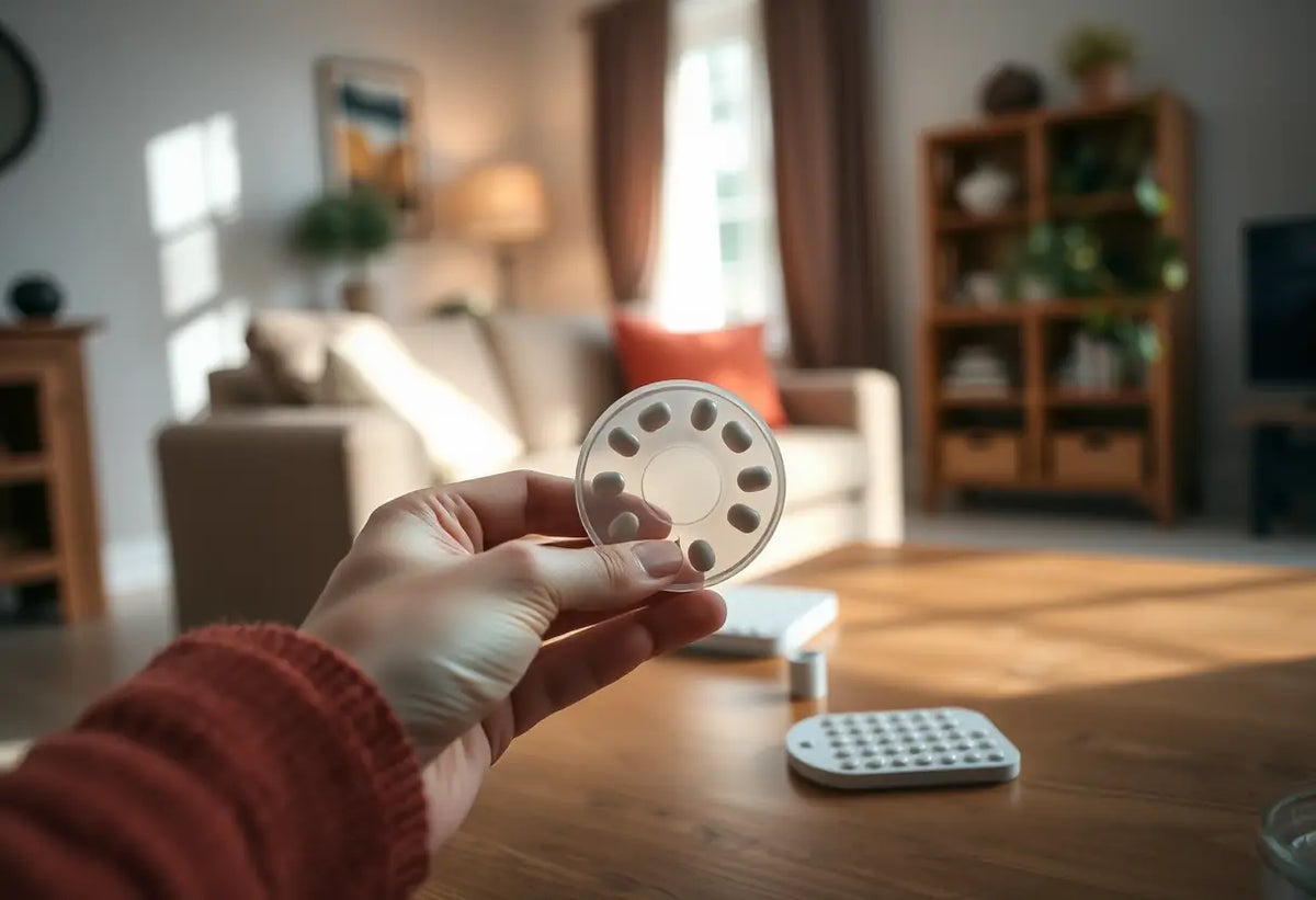 Main de femme tenant un conteneur circulaire de pilules contraceptives sur une table en bois, contraception