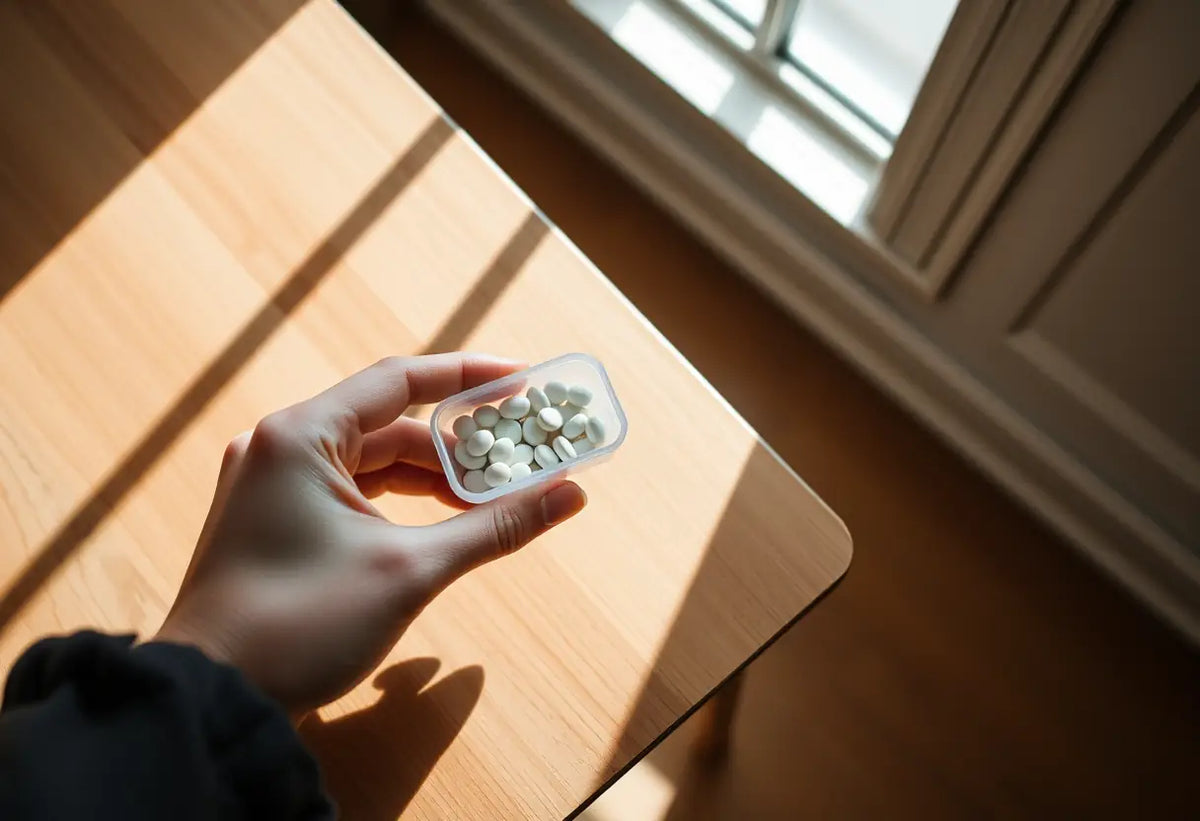 Une main féminine tient un petit contenant de comprimés sur une table en bois