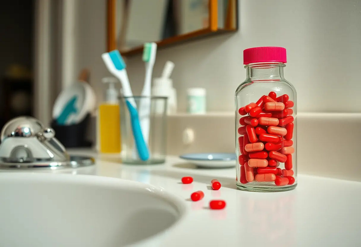 Une bouteille de médicaments sur une tablette de salle de bains, rappelant la gestion des IST