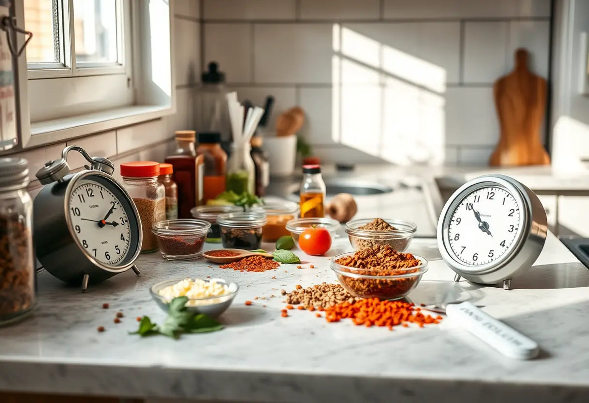 Étagère de cuisine avec épices et minuteur pour souligner l'importance de l'alimentation équilibrée lors de la tentative de grossesse