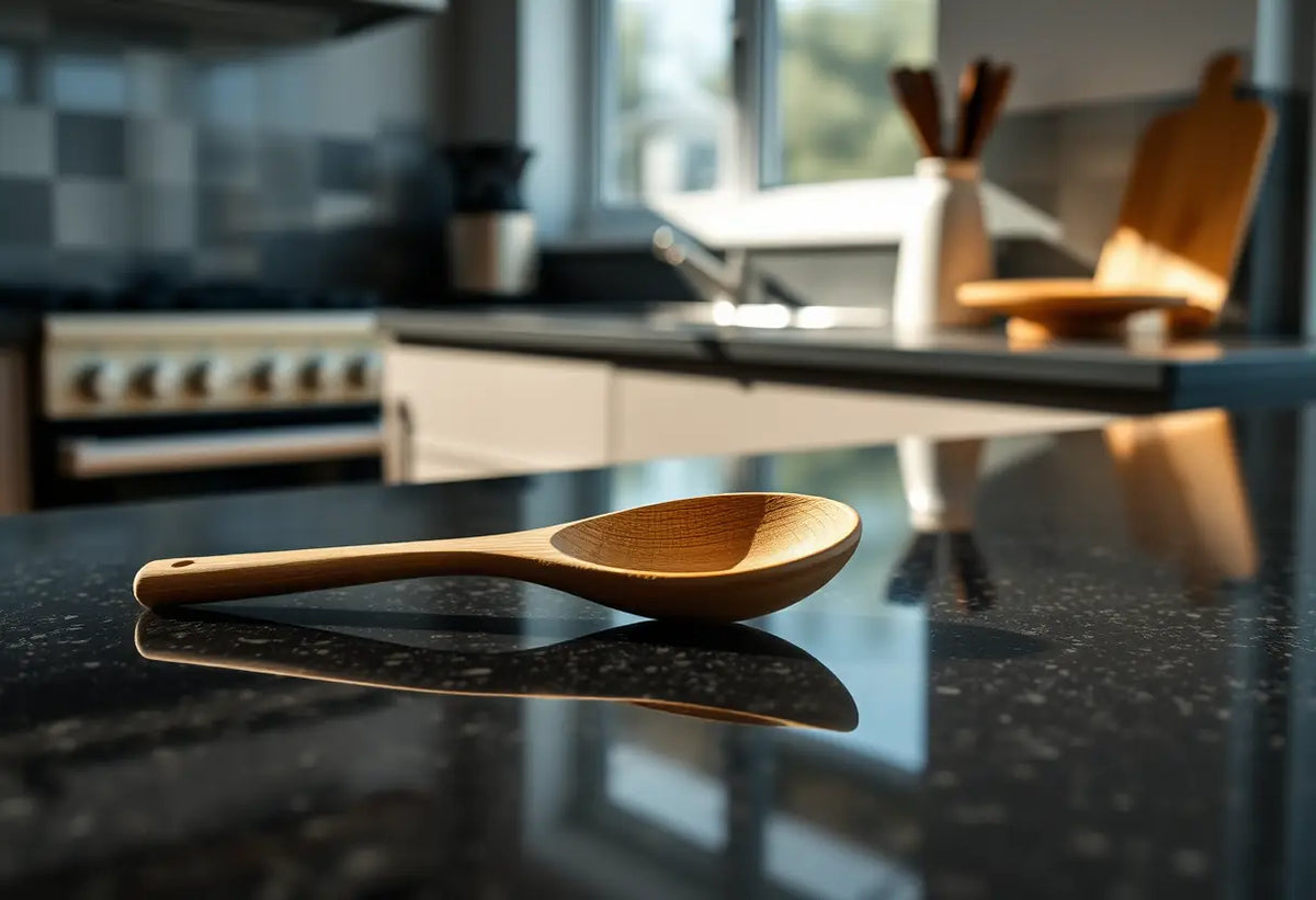 Une cuillère en bois repose sur un plan de travail en granit foncé dans une cuisine moderne, éclairée par la lumière du matin