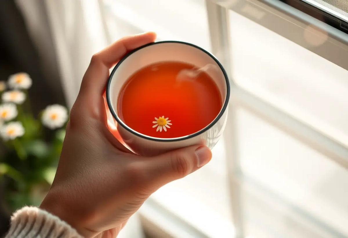 Une main tenant une tasse de thé de camomille dans la lumière naturelle