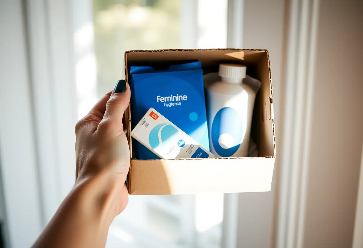 Une main tenant une boîte de produits hygiéniques féminins