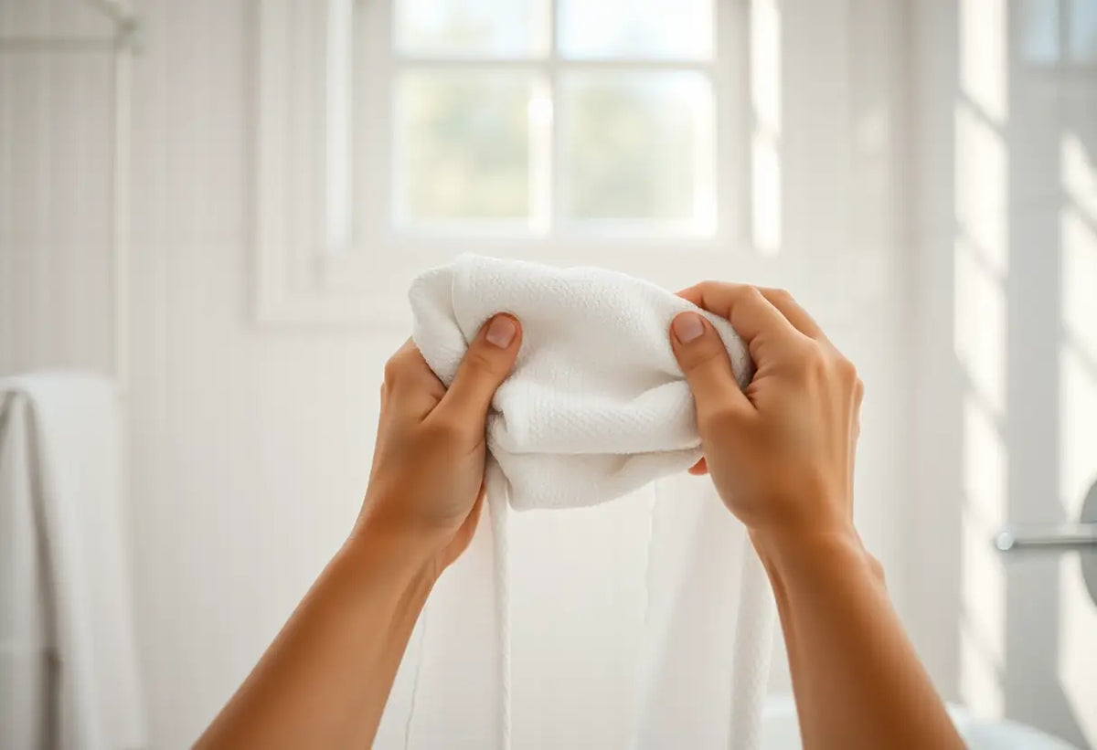 Mains qui plient doucement une serviette en coton blanc dans une salle de bain sereine