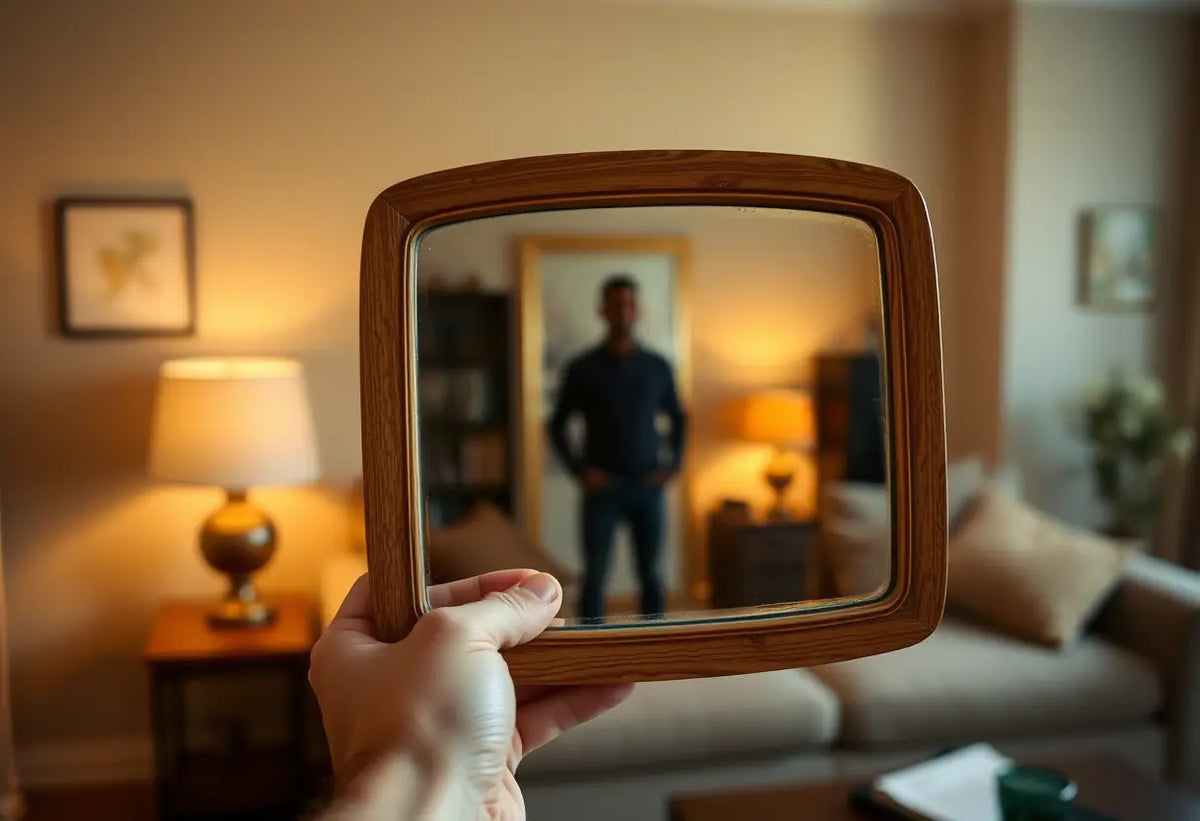 Miroir à cadre en bois reflétant une silhouette dans un salon chaleureux