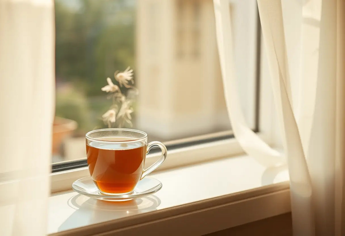 Une tasse de thé aux herbes sur un rebord de fenêtre, évoquant chaleur et confort dans une relation