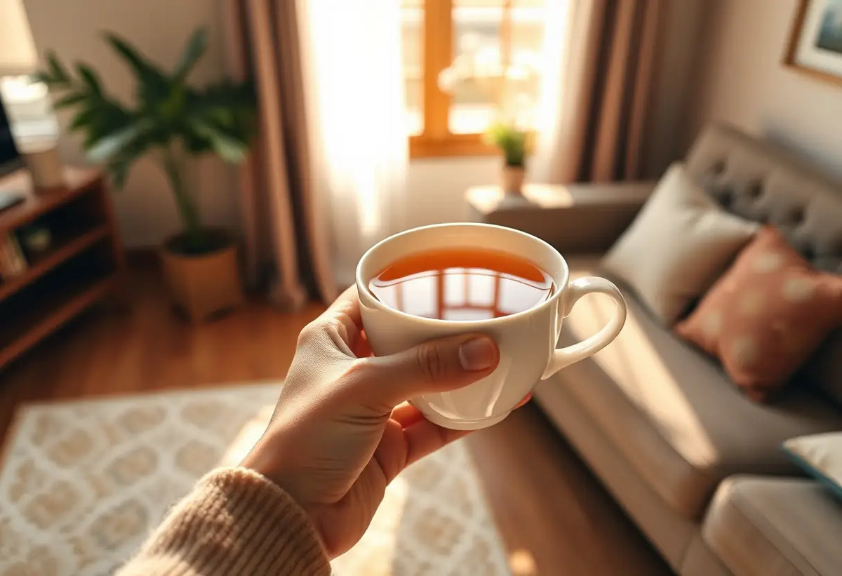 Une main tenant une tasse de thé chaud dans un salon accueillant, lumière naturelle apaisante