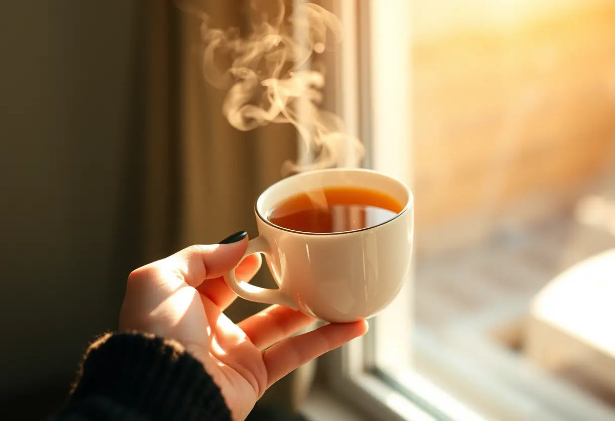 Une main tenant une tasse de thé chaud pour atténuer la douleur