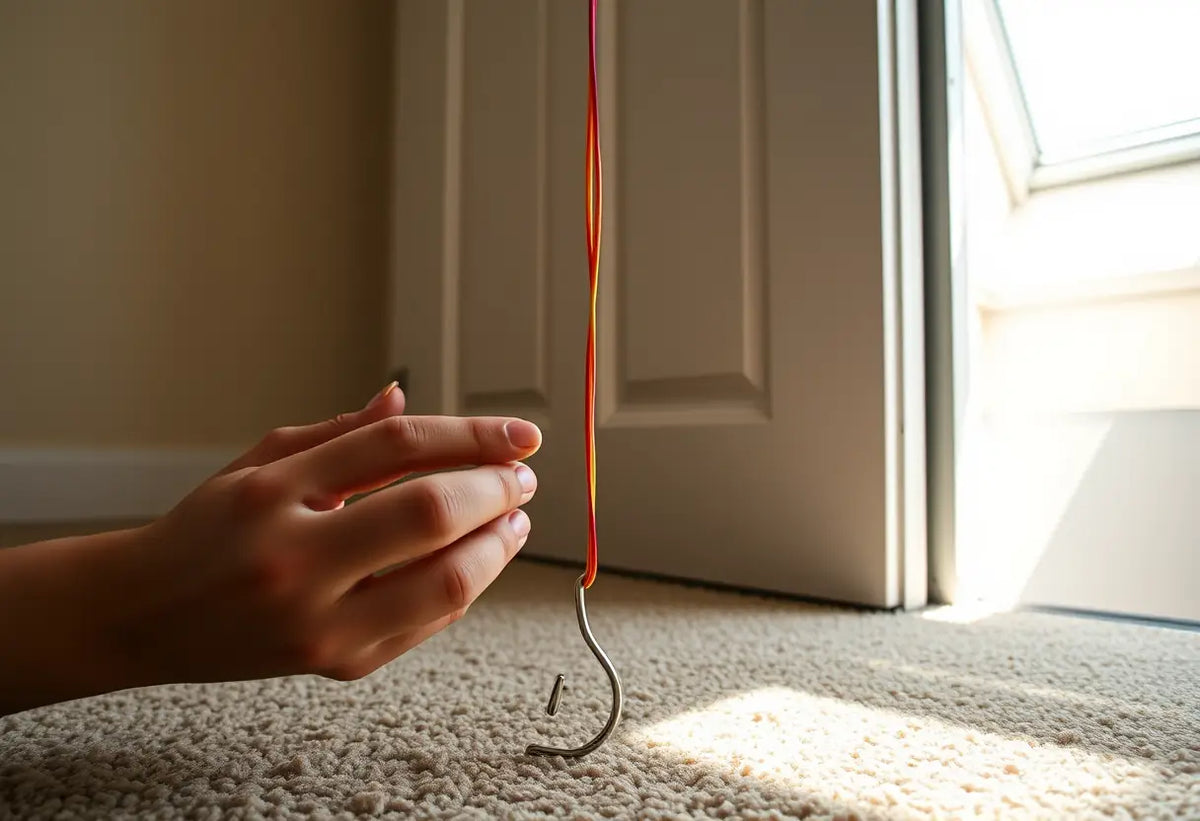 Des mains tiennent délicatement un fil coloré attaché à un petit crochet sur un tapis beige éclairé par la lumière du jour qui entre par une verrière.