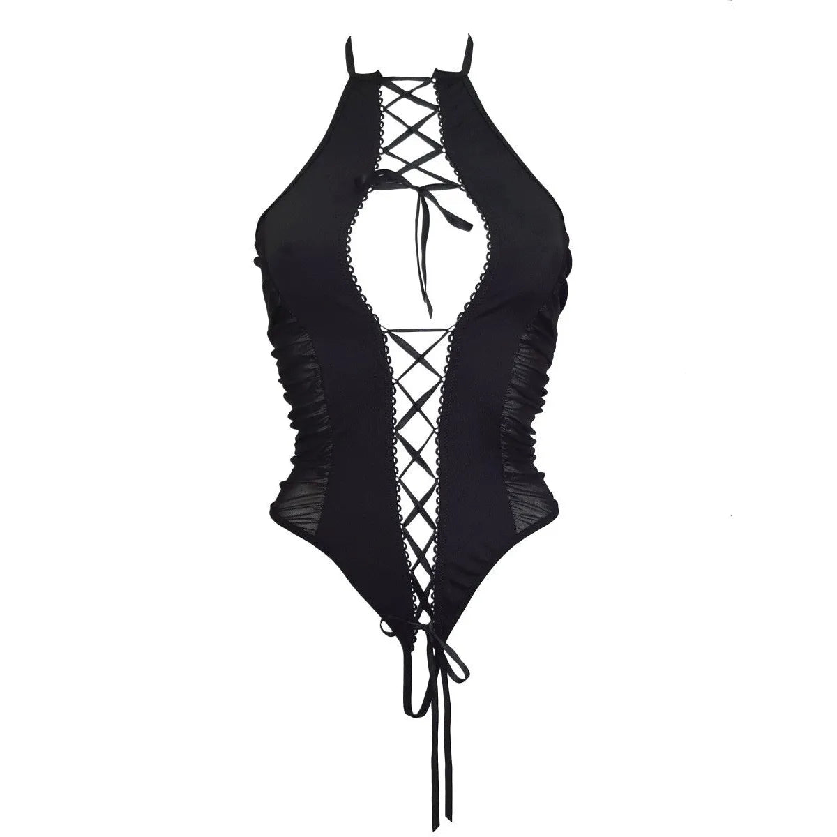 Body noir intense avec laçage avant, transparence arrière, coupe élégante et sensuelle, tailles SM LXL.