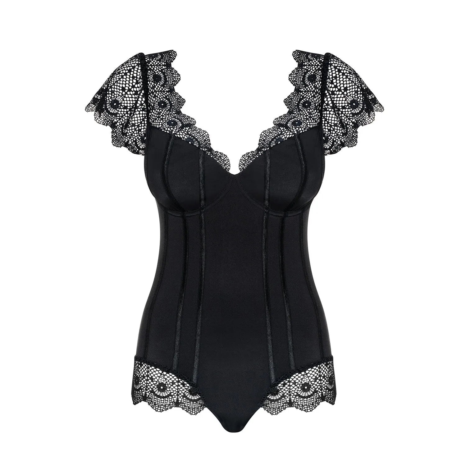 Body noir en dentelle avec armatures, décolleté réglable, Moketta Obsessive, élégance et confort pour silhouette sublimée.