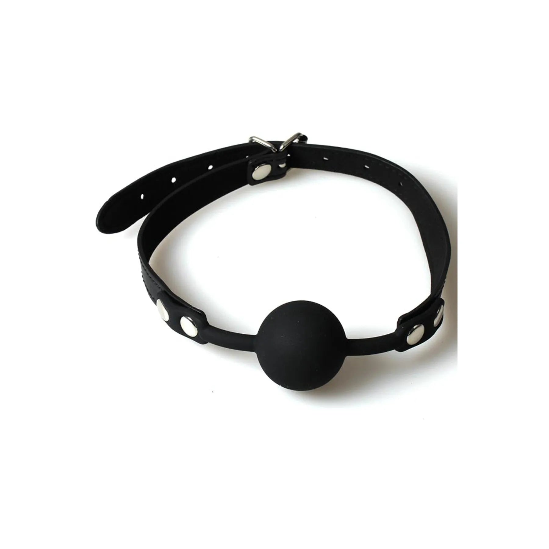 Baillon boule noir en silicone avec collier réglable, idéal pour jeux BDSM, présenté dans une boîte en fer élégante.