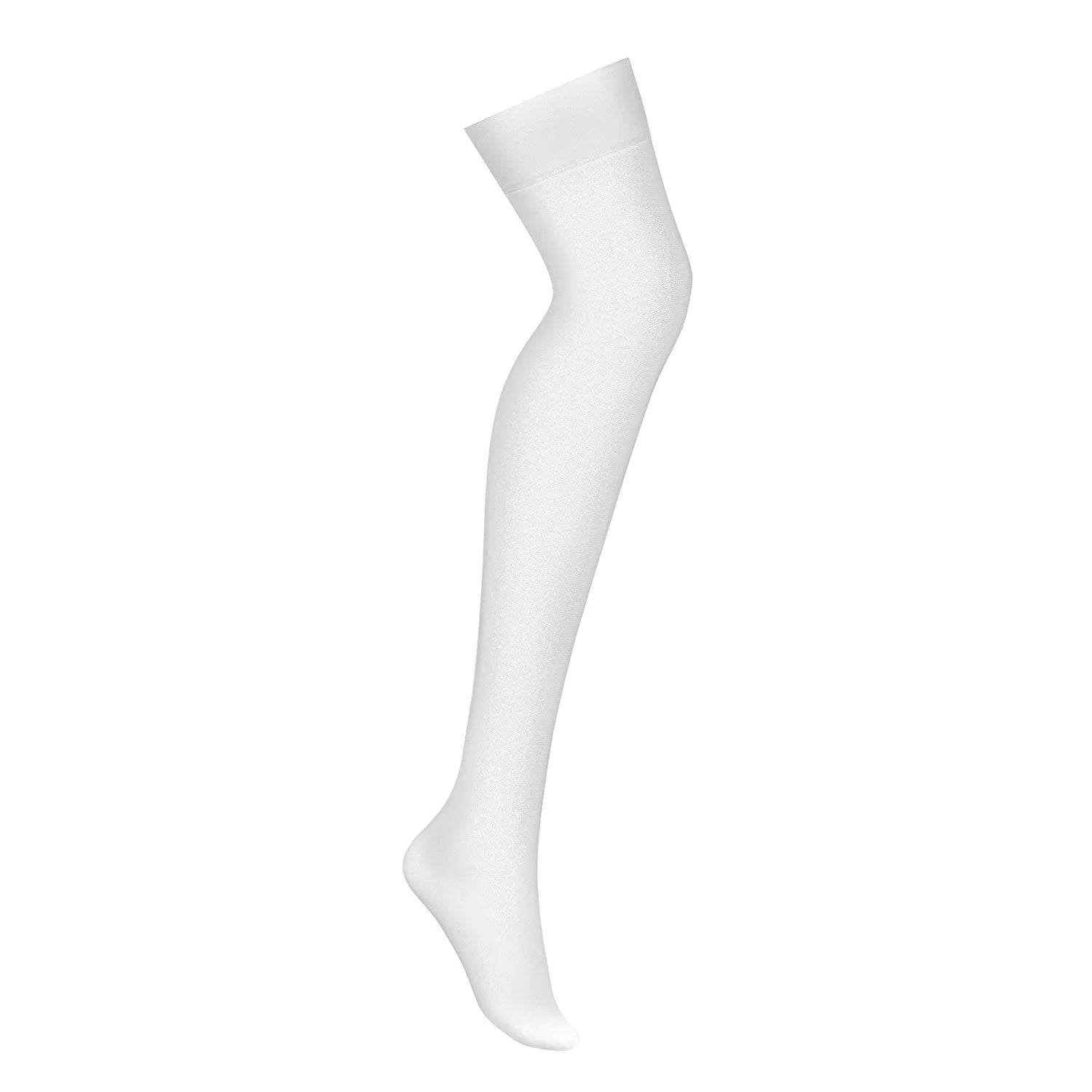 Bas blancs élastiques pour jarretelles, sans dentelle, en nylon et élasthanne, élégants et confortables, vue latérale.