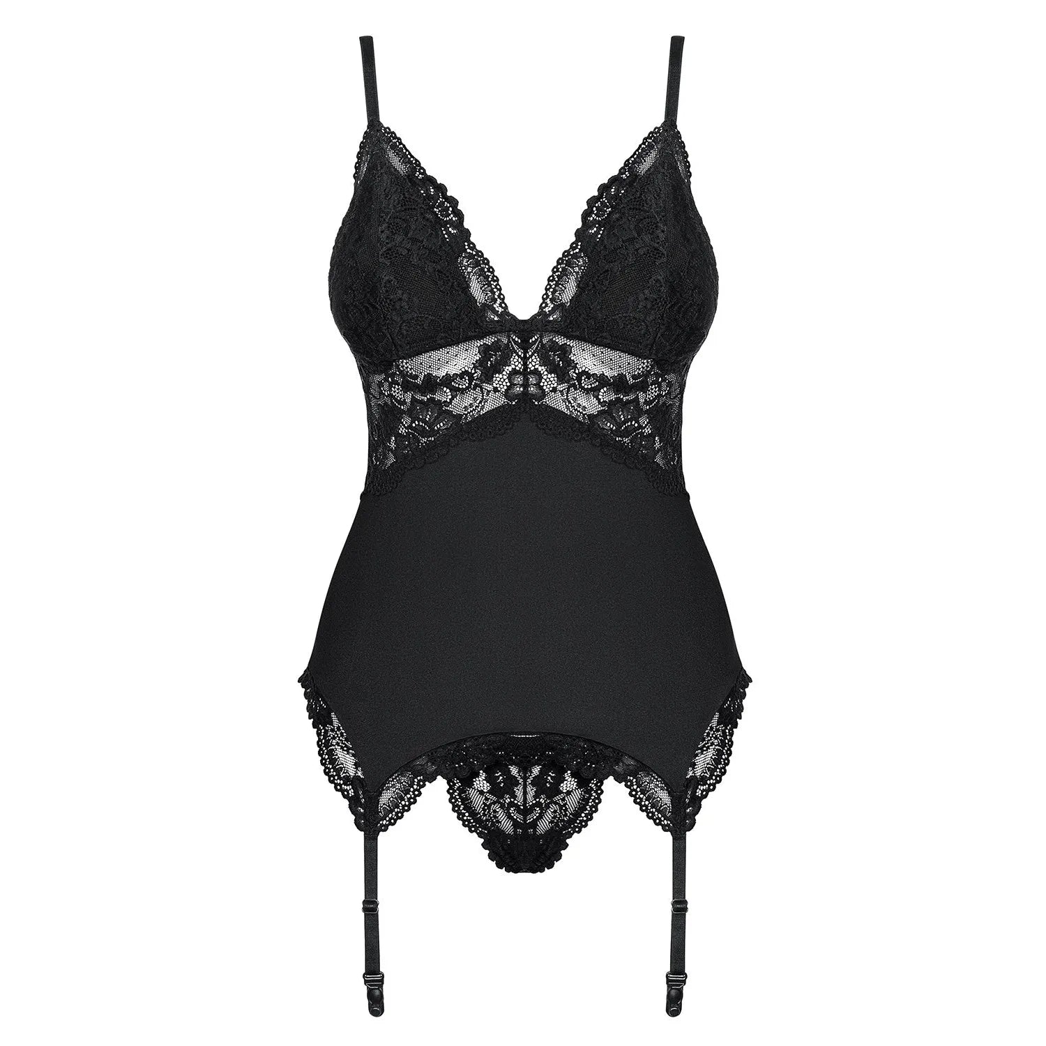 Guêpière noire classique, dentelle transparente, bonnets doublés, bretelles réglables, tissu extensible Multistretch.