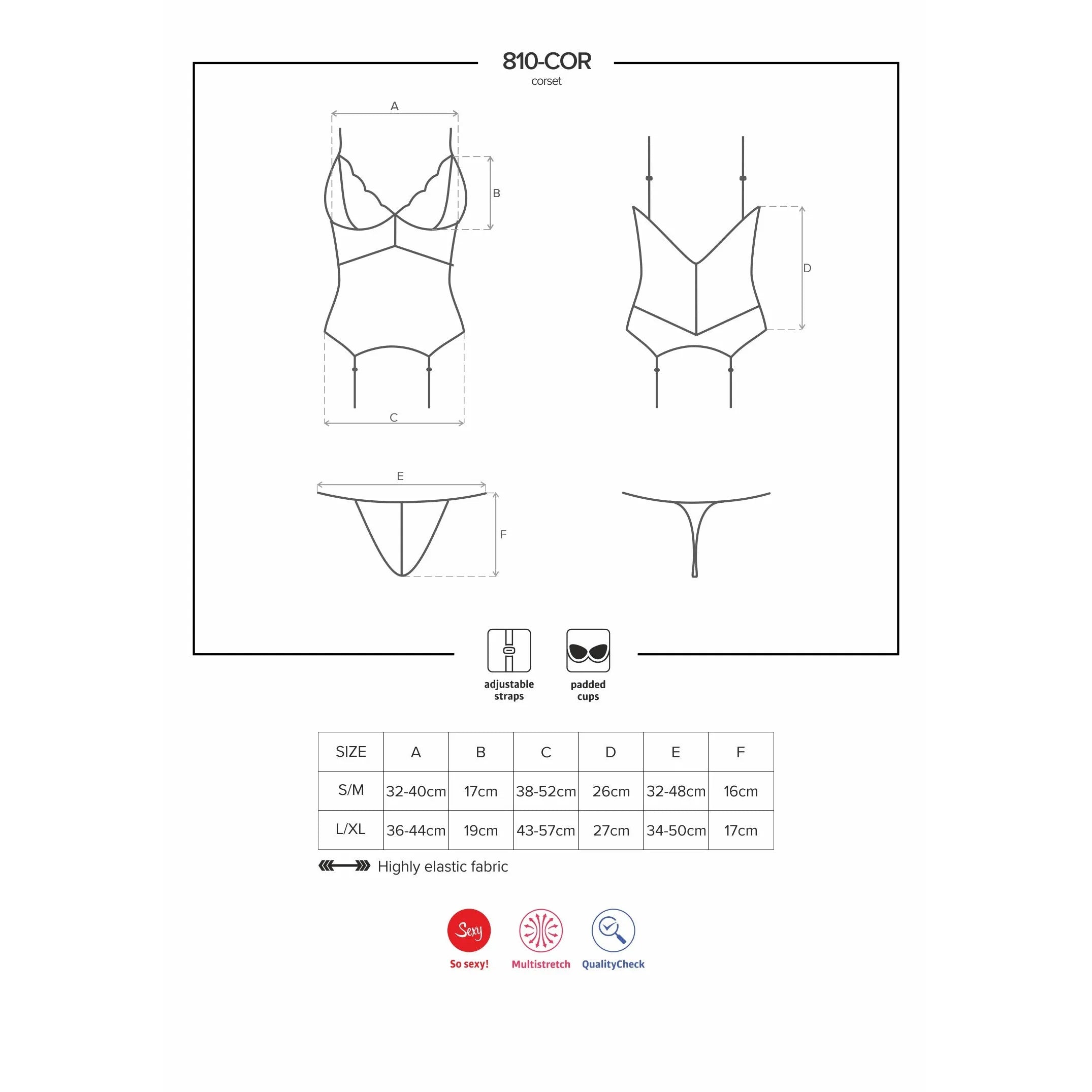 Guêpière noire sexy en dentelle avec bretelles réglables, bonnets doublés et jarretelles, tissu extensible Multistretch.