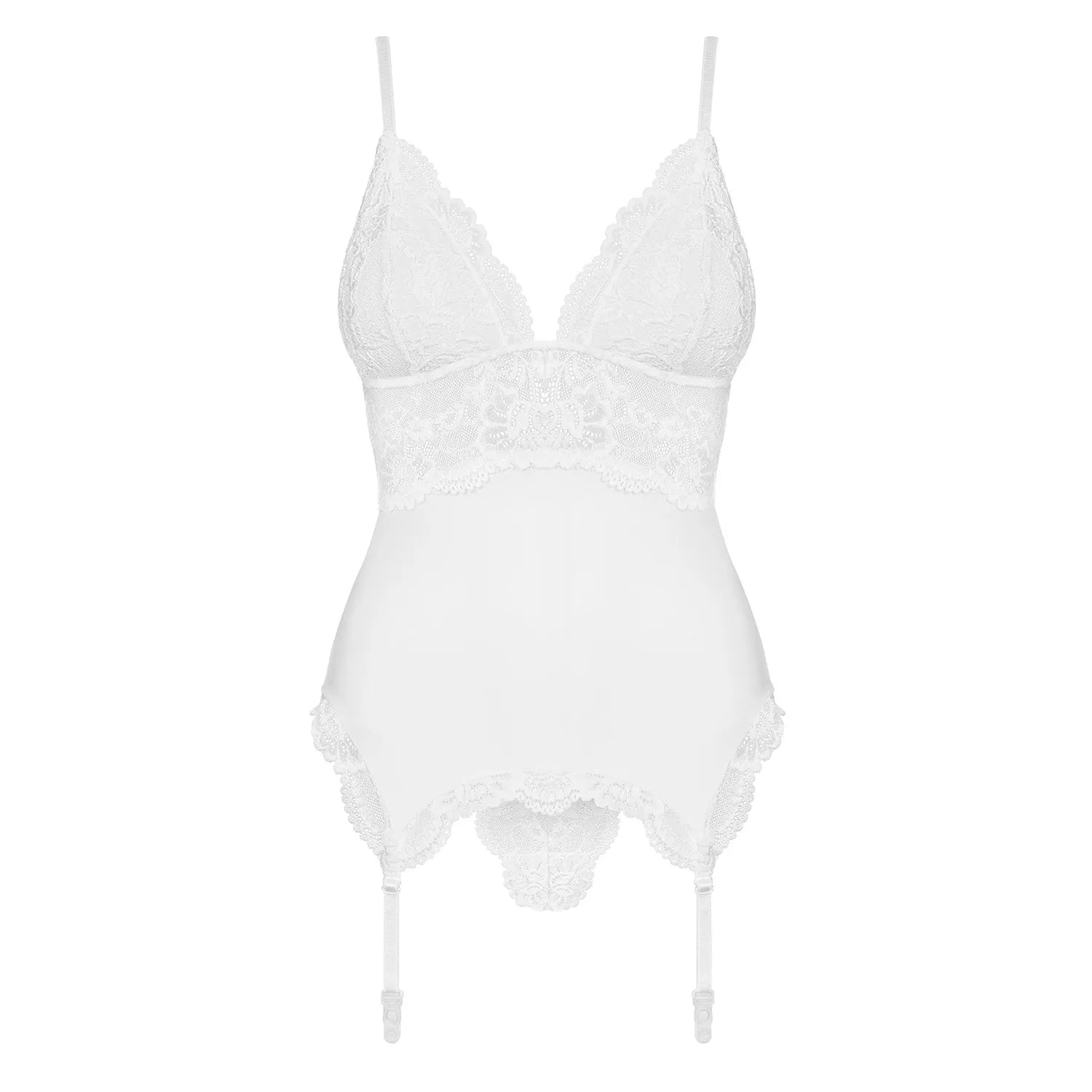 Guêpière blanche en dentelle avec bonnets rembourrés, bretelles et jarretelles réglables, string assorti inclus.