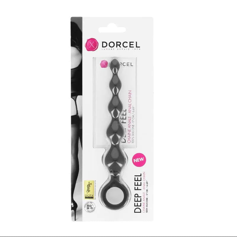 Chaîne anale noire en silicone Dorcel, 17cm, design progressif pour débutants, dans un emballage élégant.