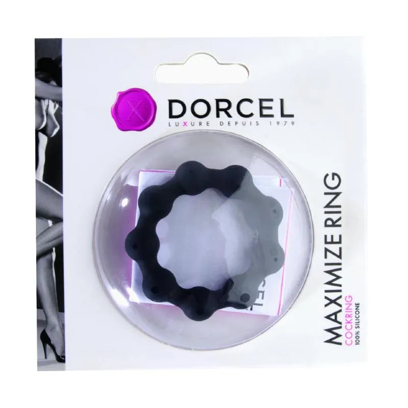 Cockring réglable silicone noir, design ondulé, emballage transparent, améliore érection et plaisir, accessoire intime.