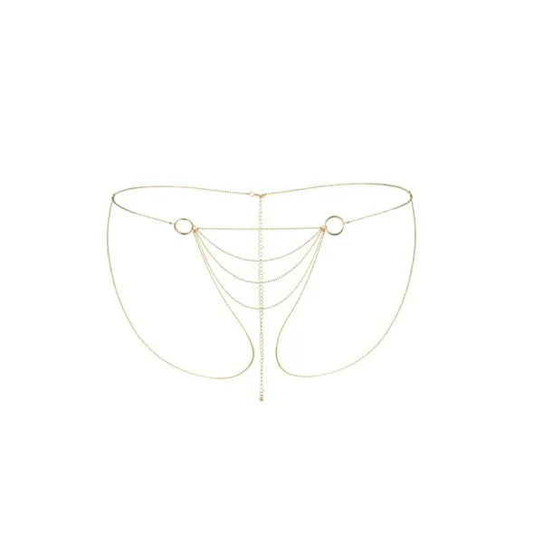 Chaîne bikini dorée élégante avec détails en cercles, accessoire mode estival chic pour plage et promenade.