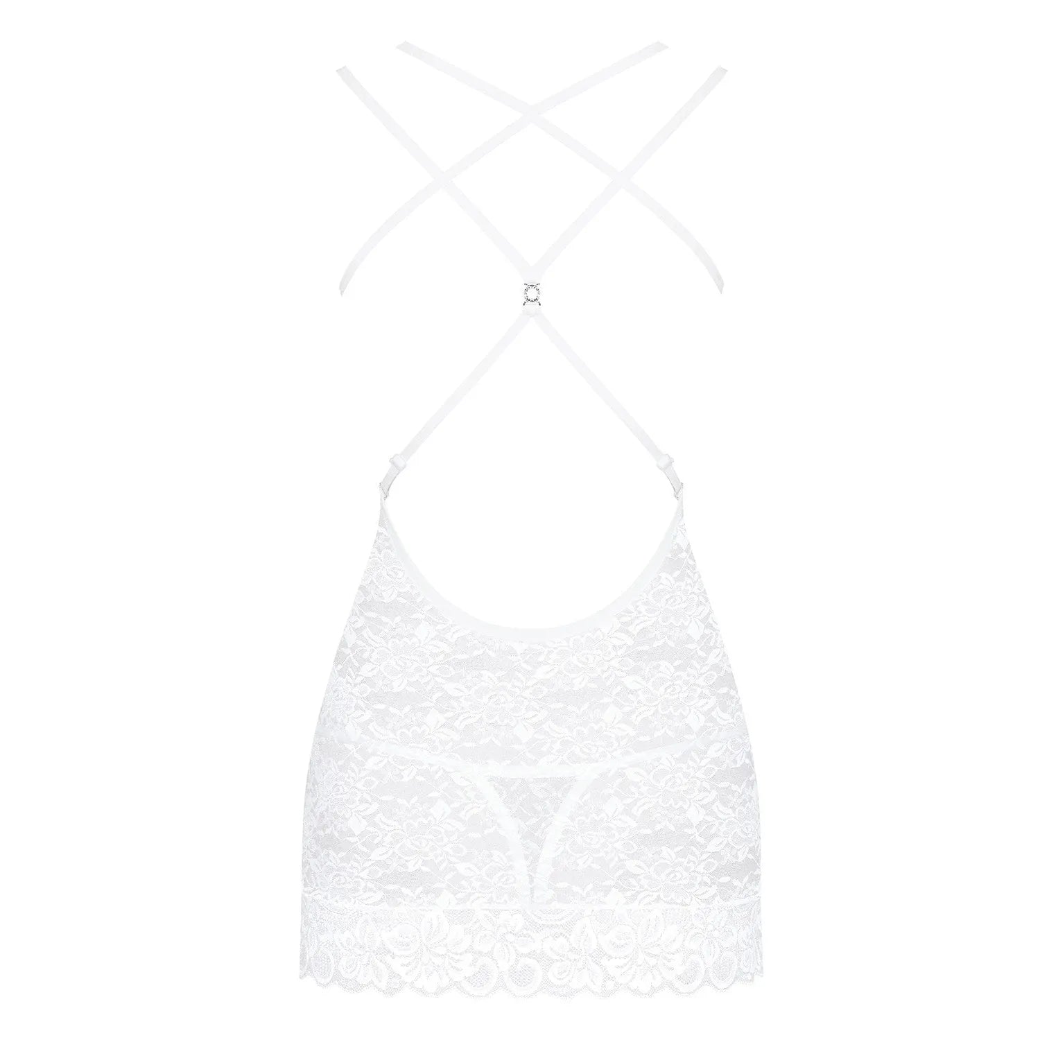 Nuisette blanche en dentelle florale, bretelles croisées, design délicat et féminin, idéal pour moments intimes.