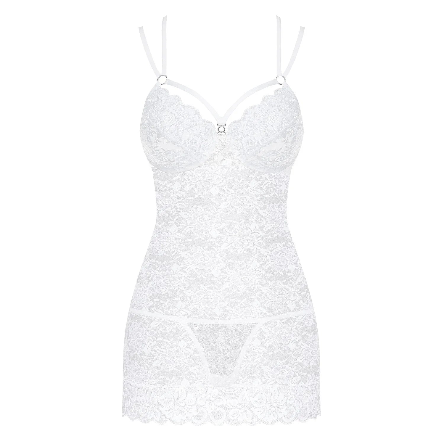 Nuisette blanche en dentelle florale, bretelles fines, design élégant et sensuel, parfait pour moments intimes.