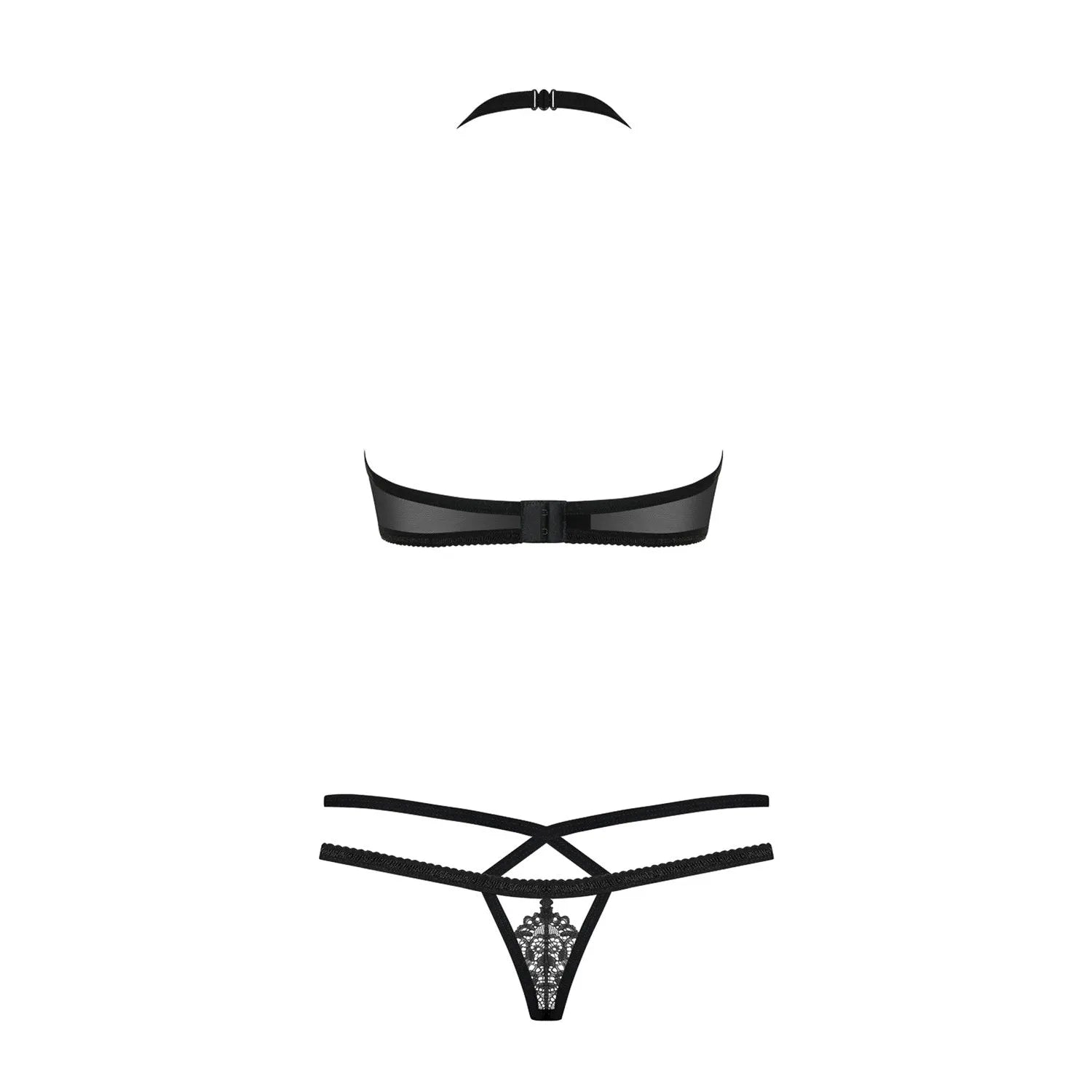 Ensemble lingerie noir 2 pièces, dentelle décolleté, lanières élégantes, bijoux décoratifs, 90% polyamide, 10% élasthanne.