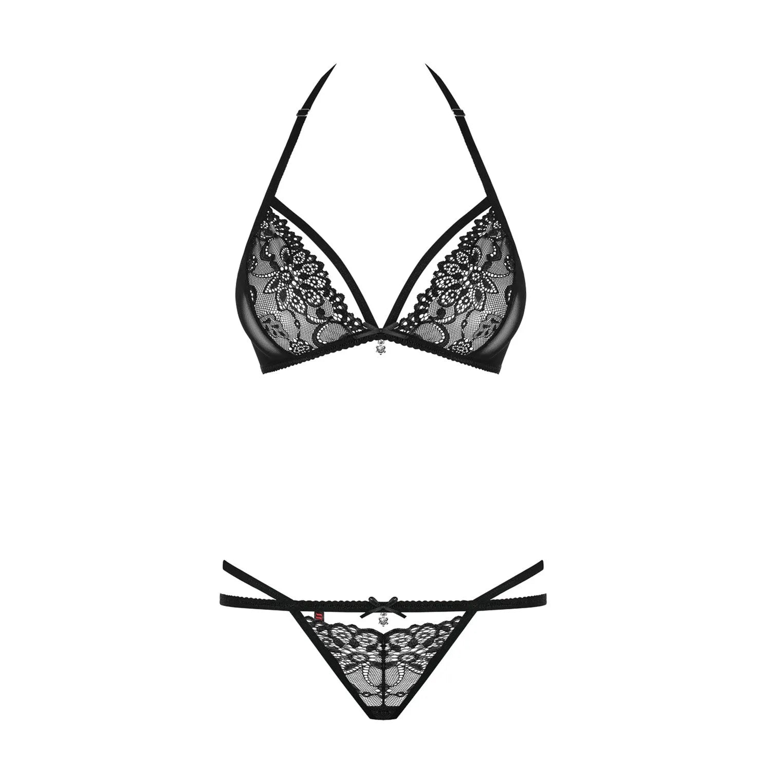 Ensemble lingerie noir 2 pièces en dentelle avec lanières et bijoux, décolleté magnifié, composition 90% polyamide, 10% él...