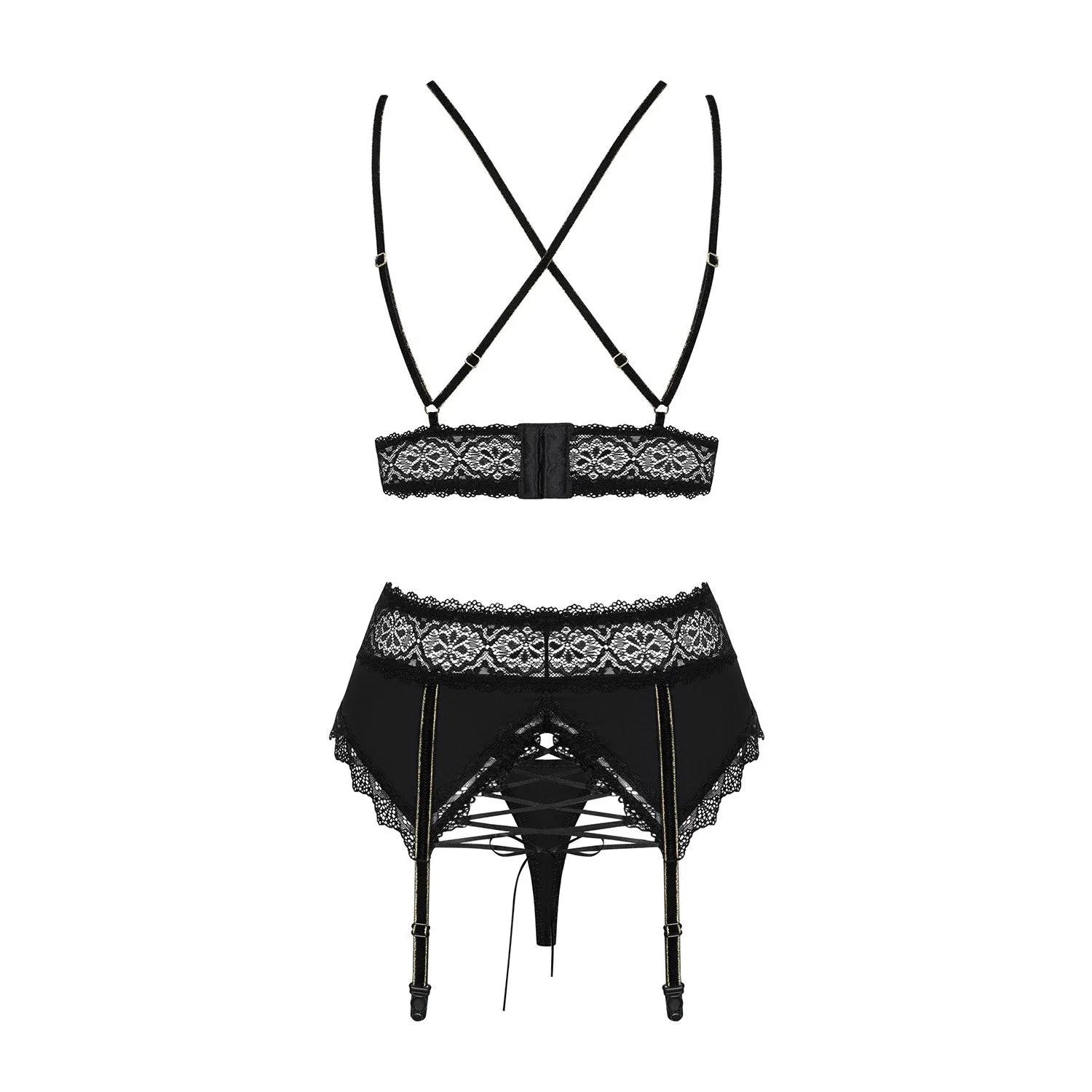 Lolitte Ensemble 3 pièces noir dentelle or soutien-gorge rembourré sexy