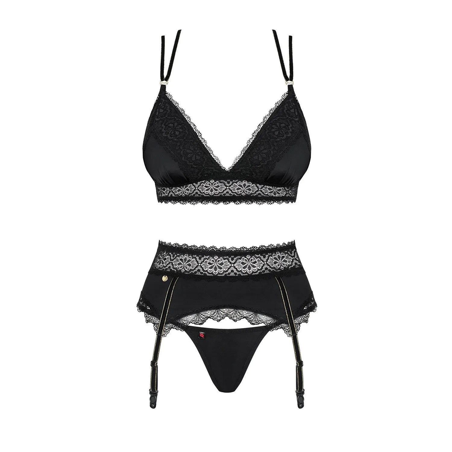 Lolitte Ensemble 3 pièces noir dentelle or soutien-gorge rembourré sexy