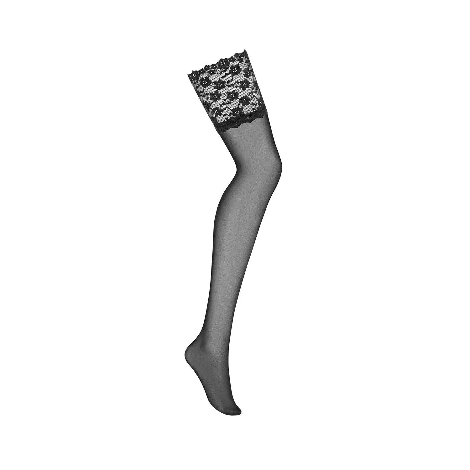 Bas noirs transparents dentelle fleurie, élégants et raffinés, pour porte-jarretelles Letica, sublimant les jambes.