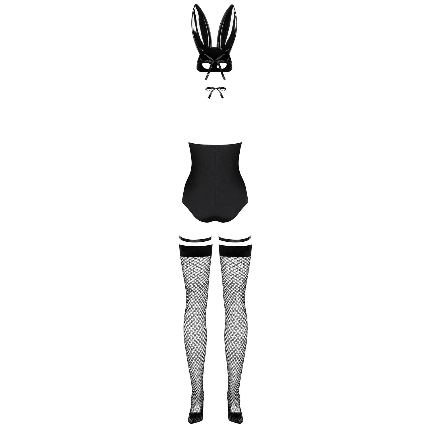 Costume lapin sexy noir avec jarretelles, masque oreilles coquet, collants résille, allure élégante et espiègle.