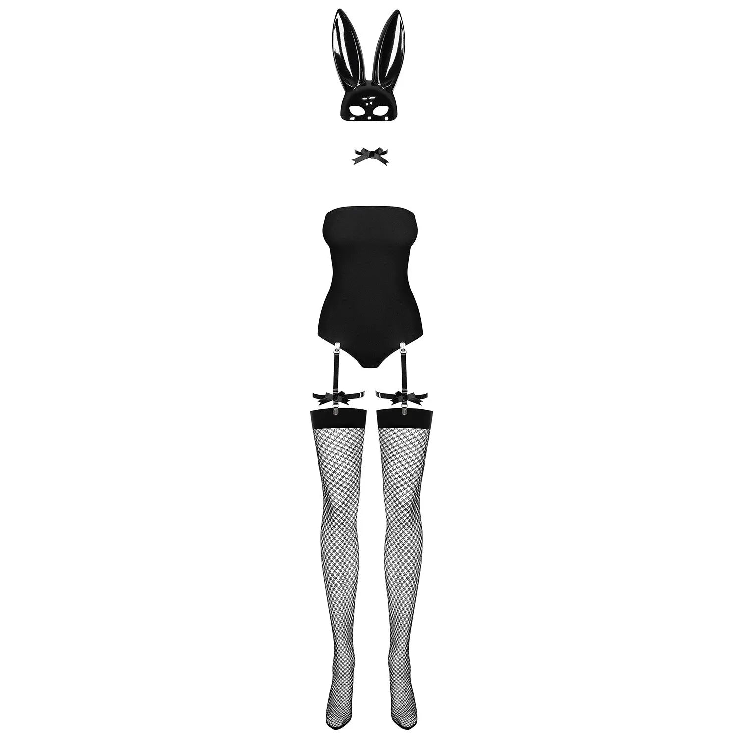 Costume lapin noir sexy avec jarretelles, masque oreilles coquet, bas résille, allure élégante et espiègle.