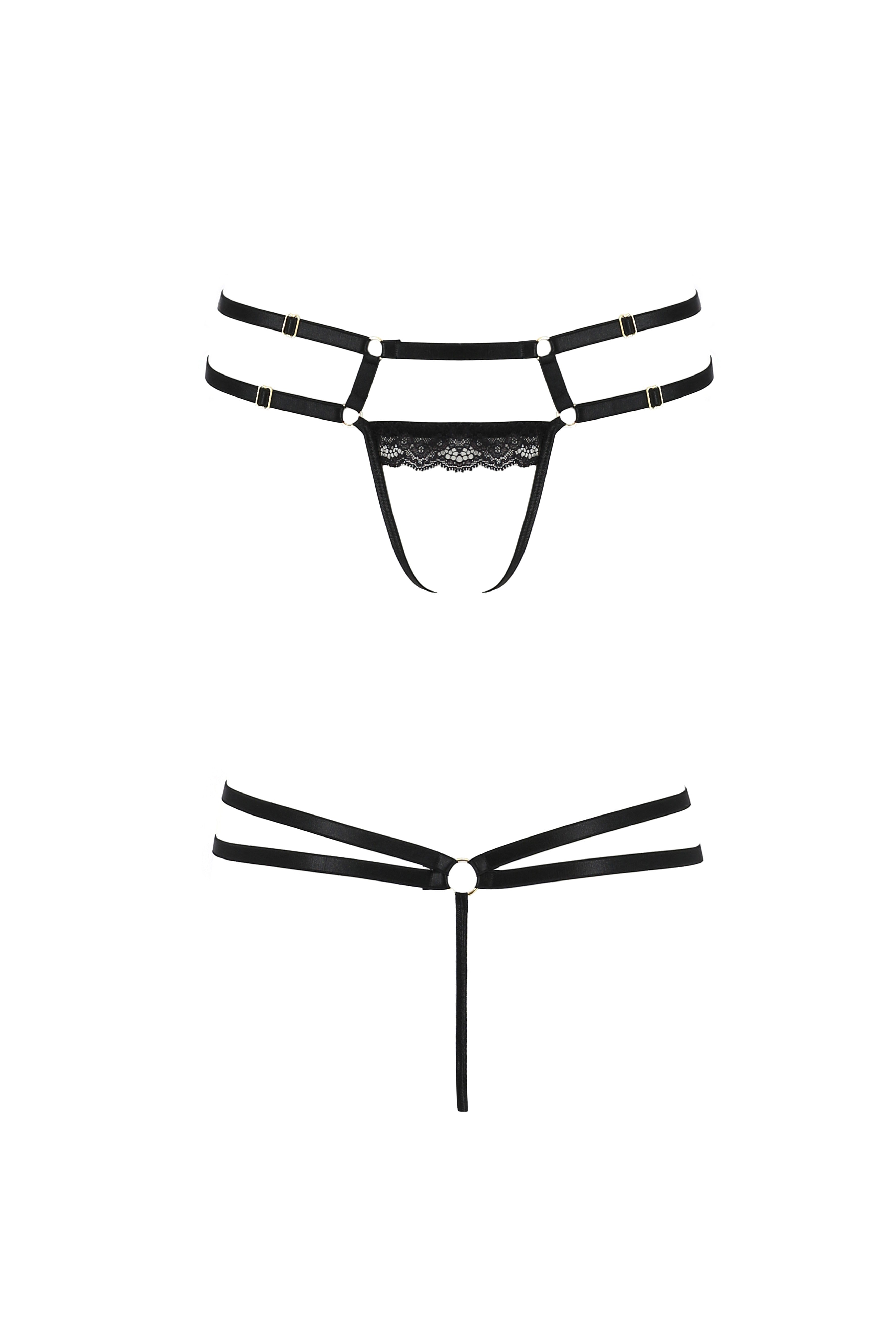 Ensemble sexy lanières anneaux dentelle noir Passion moments exquis