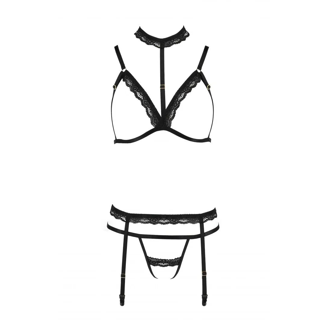 Ensemble lingerie noir 3 pièces, string ouvert, soutien-gorge cupless, dentelle élégante, design audacieux, marque Passion.
