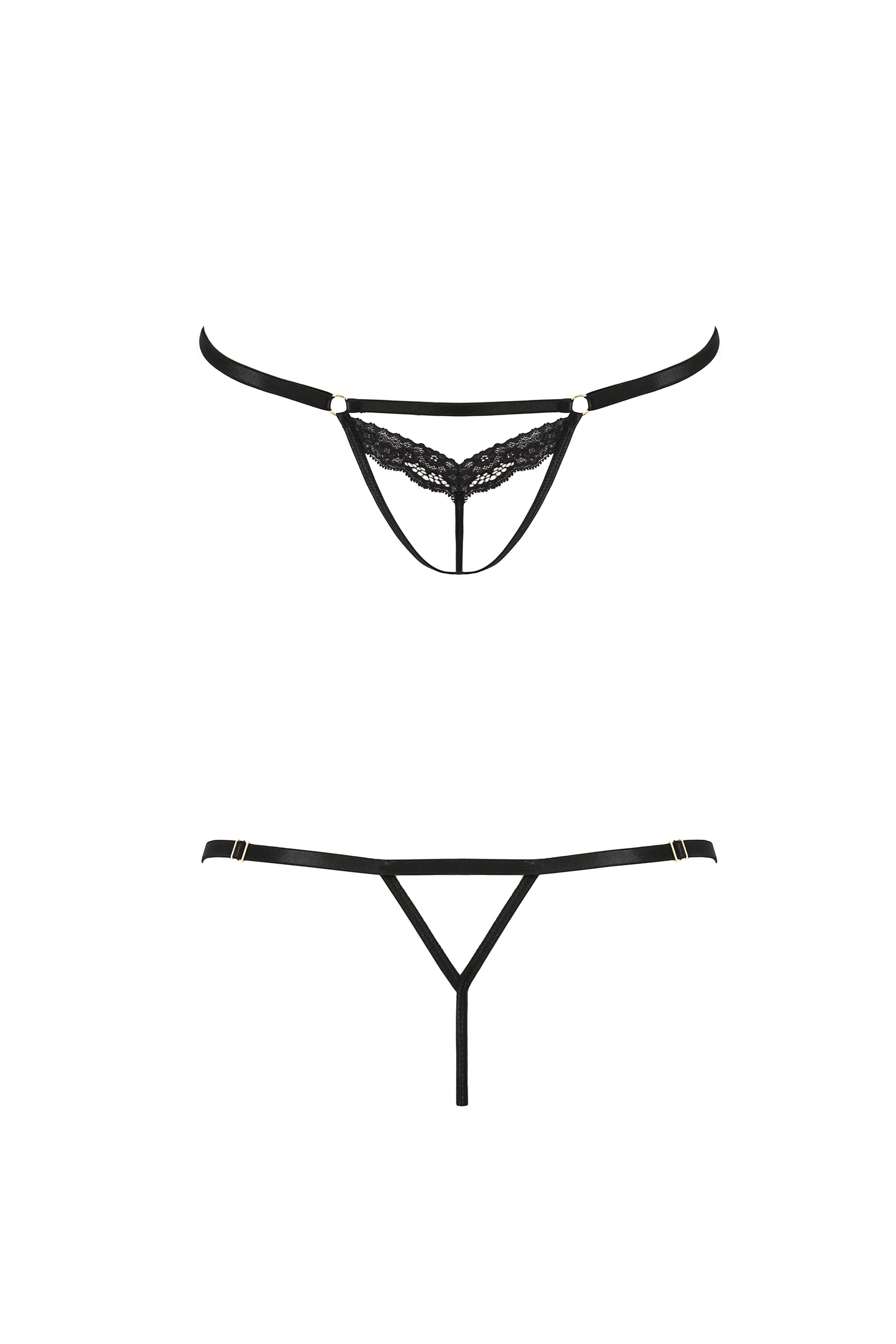 Ensemble lingerie dentelle noire, lanières ajustables, anneaux charme, deux pièces, élégance féminine, séduction.