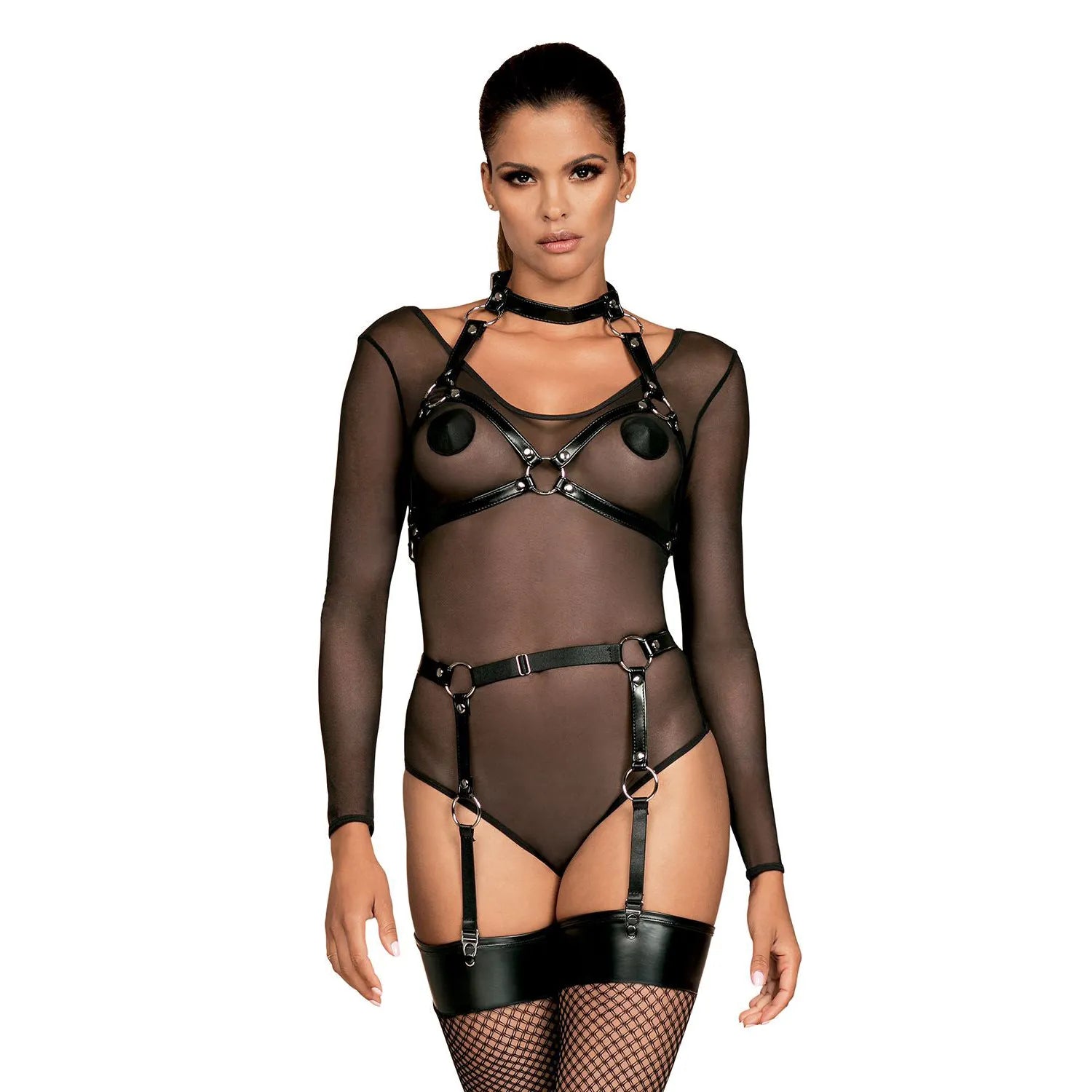 Harnais soutien-gorge noir A740 avec éléments métalliques argentés et anneau central, design audacieux et ajustable.